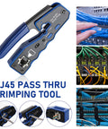 RJ45 Crimp Tool Kit Pass Through Ethernet Crimper For Cat5e Cat6 Cat6a 8P8C Modular Connectors All In One Pro Grade