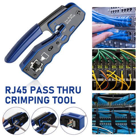 RJ45 Crimp Tool Kit Pass Through Ethernet Crimper For Cat5e Cat6 Cat6a 8P8C Modular Connectors All In One Pro Grade
