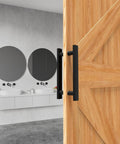 Side view of Matte Black Square Barn Door Handles Set For Double Sided Doors Pull Push Long French Door Hardware shown on a wooden door
