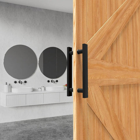 Side view of Matte Black Square Barn Door Handles Set For Double Sided Doors Pull Push Long French Door Hardware shown on a wooden door