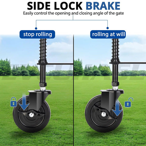 4 Inch Spring Loaded Gate Caster Wheel With Side Brake, Heavy Duty Gate Wheel For Outdoor Wooden, Fence And Metal Tube Gates, 360 Degree Swivel, Shock Absorbing Spring, 220 Lb Capacity, Black, 1 Pack, demonstrating brake in use