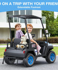 Big Kid Approved 24V Electric Ride On Car Crew Ready 4 Seater Kids Golf Cart With Full Seatbelts Rear Footrests, kids smiling in spacious cart.