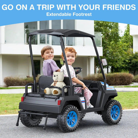 Big Kid Approved 24V Electric Ride On Car Crew Ready 4 Seater Kids Golf Cart With Full Seatbelts Rear Footrests, kids smiling in spacious cart.