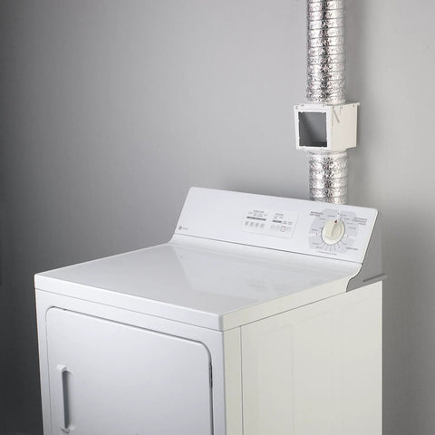 White dryer with No Brainer Extra Heat Dryer Saver for 4 inch ducts, installed with plastic clamps for moisture control and energy saving.