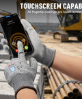 Person wearing Cut Resistant Work Gloves Set, ANSI Level 5 Protection With PU Coating And Steel Reinforcement, using touchscreen phone
