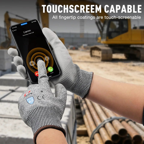 Person wearing Cut Resistant Work Gloves Set, ANSI Level 5 Protection With PU Coating And Steel Reinforcement, using touchscreen phone