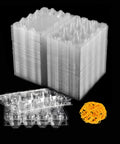 Clear 50 Pack Quail Egg Cartons Plastic With Lids And Rubber Bands, 12 Egg Capacity, Stackable Trays For Quail Pheasant And Pigeon Eggs, Reusable Odorless Toxic Free Bulk Storage shown with cartons stacked and rubber bands.