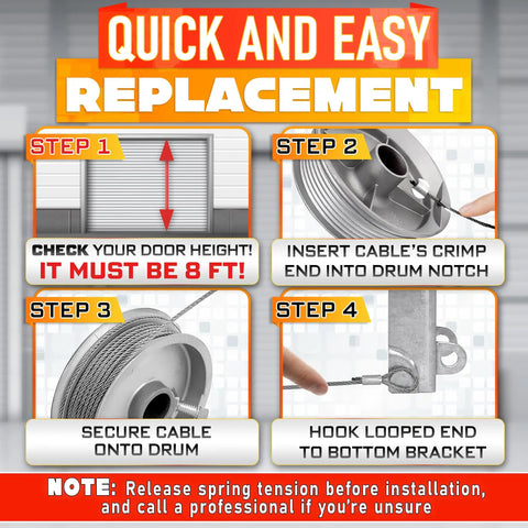 Installation steps for Heavy Duty 304 Steel Galvanized Garage Door Cables For 8 Ft Doors, 9 Ft 7 In Total Length, Pack Of 2 displayed.