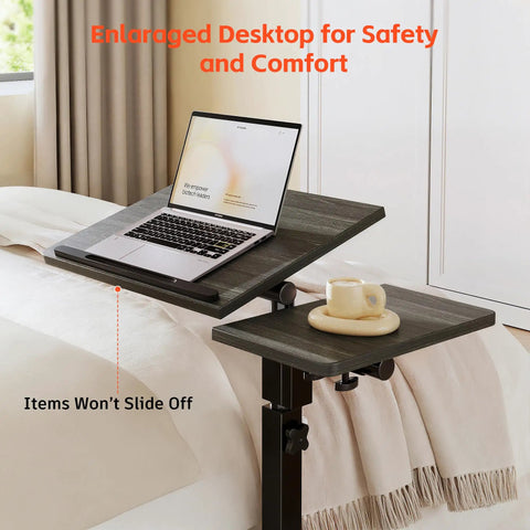 Overbed Table With Wheels Adjustable Height 23 to 33 Inches, Rolling Laptop Desk With Tilting Top, Black in use by bed
