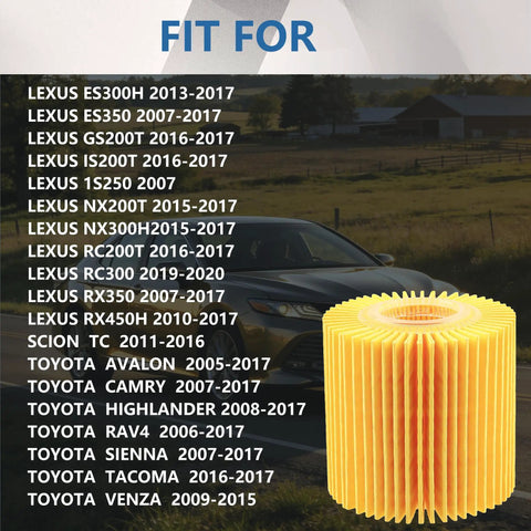 Toyota Camry 2010-2017 6 Pack Engine Oil Filter Kit for Avalon RAV4 Highlander Sienna Tacoma Lexus ES350 RX350 Replaces 04152-YZZA1 04152-31090 04152-YZZG1 Easy Install No Hassle shown against fit compatibility list backdrop
