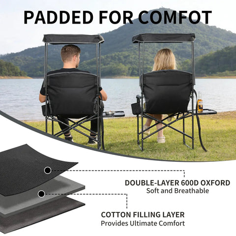 Heavy Duty Folding Camp Chair With Adjustable Canopy And Side Table, Oversized Directors Chair With Pockets by a lakeside