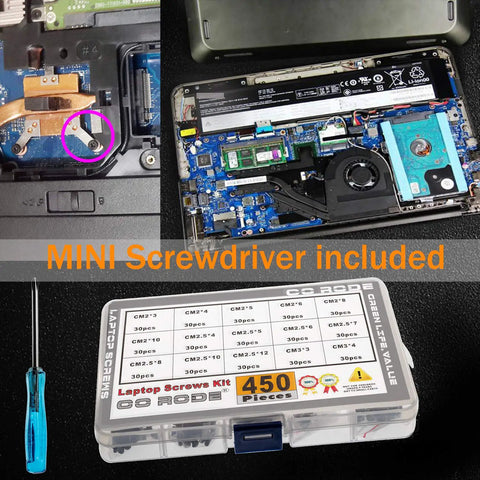 Heavy Duty 450 Pc Assorted Fastener Pack M2 M2.5 M3 Screw Kit For Laptop Repair and Hard Drive Swap with included mini screwdriver.