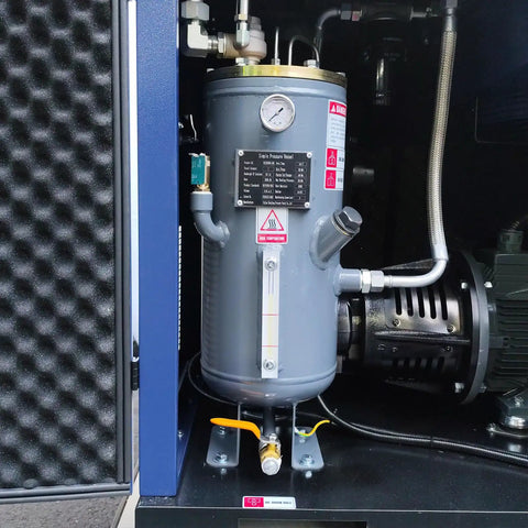 Solid 20 HP Rotary Screw Air Compressor Pump Providing A Heavy Duty 74 CFM At 125 PSI For Continuous Industrial Use. This Bad Boy Runs On 230V 3 Phase Power, Making It Perfect For Manufacturing Plants And Active Workshops That Need Reliable, High Volume