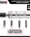 One Half Inch Manual Reversible Impact Driver With Half Inch Drive Chuck Comes With Flat Bits Five Sixteenths And Three Eighths Phillips Bits Size Two And Size Three Plus Durable Storage Case For Removing Rusted Bolts And Frozen Fasteners displayed with bits