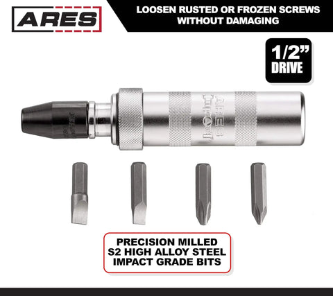 One Half Inch Manual Reversible Impact Driver With Half Inch Drive Chuck Comes With Flat Bits Five Sixteenths And Three Eighths Phillips Bits Size Two And Size Three Plus Durable Storage Case For Removing Rusted Bolts And Frozen Fasteners displayed with bits