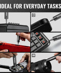 Go-To 20-In-1 Mini Electric Screwdriver Set For DIY And Electronics, All-In-One Precision Driver With 180 RPM Electric Mode And 0.35 Nm Torque, Manual 1.8 Nm, Long-Lasting Battery, Fast Charge, Great For Watches, Smartphones, Drones, And More. Collage of the mini electric screwdriver used on a speaker, phone, keyboard, drone, and camera.