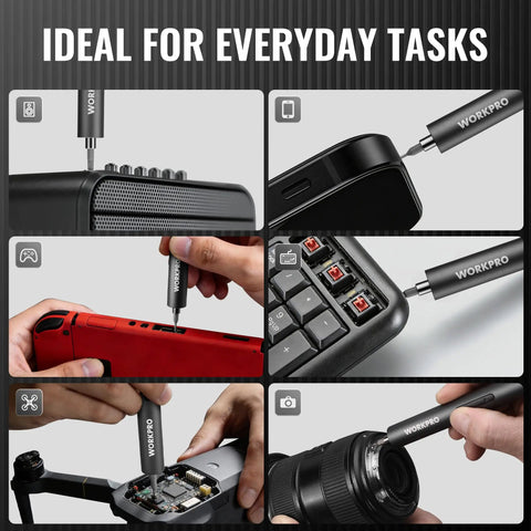 Go-To 20-In-1 Mini Electric Screwdriver Set For DIY And Electronics, All-In-One Precision Driver With 180 RPM Electric Mode And 0.35 Nm Torque, Manual 1.8 Nm, Long-Lasting Battery, Fast Charge, Great For Watches, Smartphones, Drones, And More. Collage of the mini electric screwdriver used on a speaker, phone, keyboard, drone, and camera.