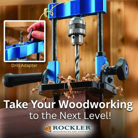 Handy Drill Guide For Hand Drills Portable Drill Press Adapter with adjustable angle and chuck key, ideal for woodworking.