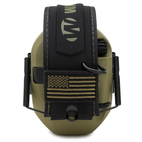 Razor Slim Patriot Series Ear Muffs with ultra low profile, ergonomic olive drab green design, viewed from front showing patch detail