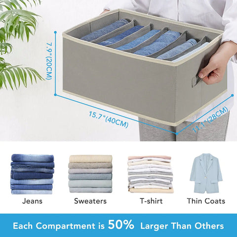Game Changing Closet Organizer Bin Set With Six Large Compartments For Pants Jeans Sweaters T Shirts Coats And More Stackable Drawer Storage With Sturdy Handles In Grey, showing jeans neatly folded in compartments.