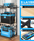 Three Tier Fishing Rod Holder Rack For Garage Up To Eight Rods and Gear Organizer showcasing structure and features
