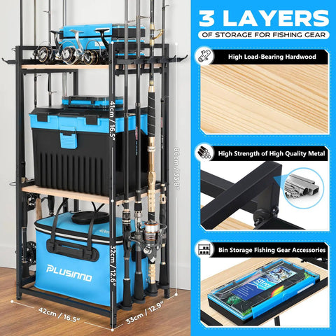 Three Tier Fishing Rod Holder Rack For Garage Up To Eight Rods and Gear Organizer showcasing structure and features