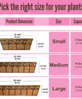 Size guide for small, medium, and large rectangular planters with dimensions and capacities for outdoor plants with coco liners.