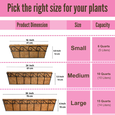 Size guide for small, medium, and large rectangular planters with dimensions and capacities for outdoor plants with coco liners.