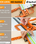 Heavy Duty Track Saw Square Delivering Dead On 90 Degree Guide Rail Alignment Quick Lock Mechanism in use with guide bar setup.