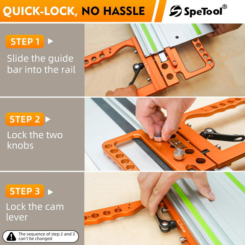 Heavy Duty Track Saw Square Delivering Dead On 90 Degree Guide Rail Alignment Quick Lock Mechanism in use with guide bar setup.