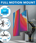 Heavy Duty Dual Monitor Desk Mount Featuring Smooth Gas Spring Float For 17 To 32 Inch Screens showing full motion features like tilt and rotation.