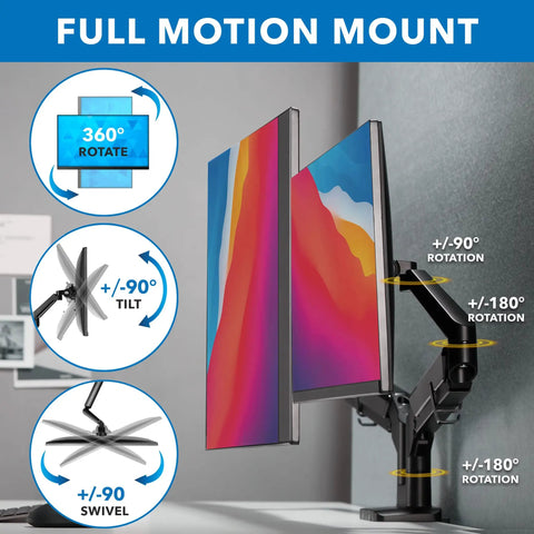 Heavy Duty Dual Monitor Desk Mount Featuring Smooth Gas Spring Float For 17 To 32 Inch Screens showing full motion features like tilt and rotation.