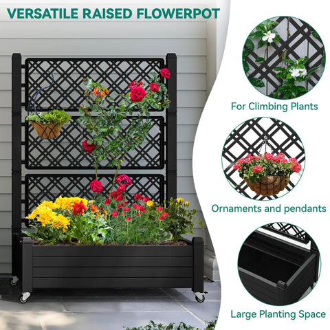 Outdoor Planter Boxes With Trellis Two Pack Resin Raised Garden Beds On Wheels With Drain Plugs for climbing plants in use