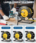 Heavy Duty Extension Cord Reel With Four Grounded Outlets Open Retractable Cord Winder For 12/3 14/3 16/3 Gauge Cords displayed on tabletop
