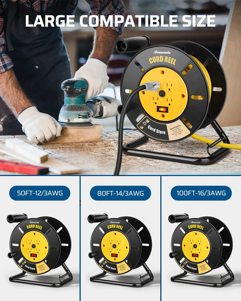 Heavy Duty Extension Cord Reel With Four Grounded Outlets Open Retractable Cord Winder For 12/3 14/3 16/3 Gauge Cords displayed on tabletop