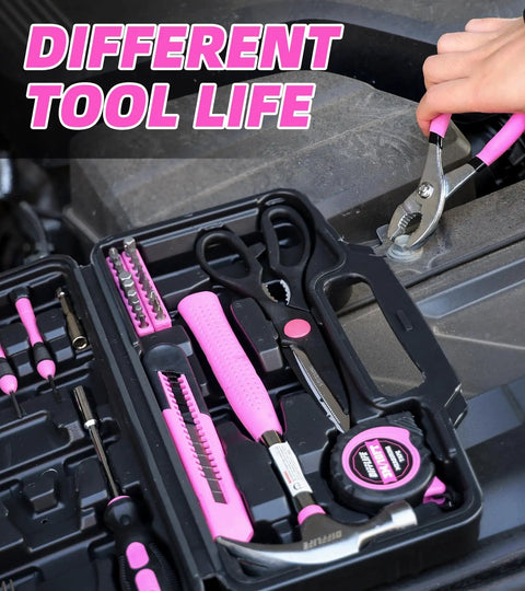 Person using TPR grip pliers from Pink 40 Piece Home Go-To DIY Tool Set With Plastic Toolbox Case Chrome Vanadium Hand Tools Kit