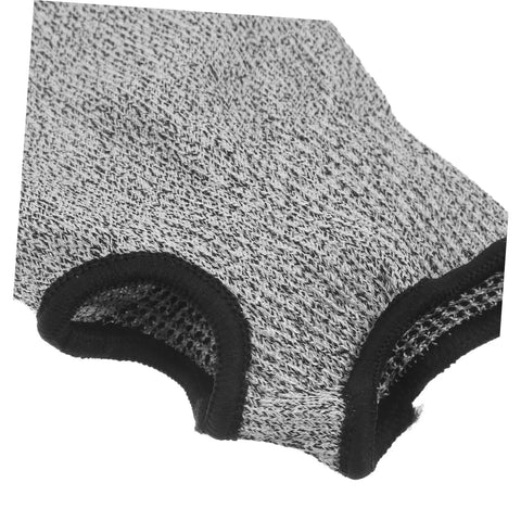 Heavy Duty Cut Resistant Arm Sleeves With Thumb Hole Built Tough As Nails For Welding And Gardening Straight Up Anti Cut Guard Gear For Mechanics And Site Work Premium Forearm Sleeves close-up showing grey woven fabric and thumb loop.