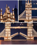 Close-up view of Tower Bridge 3D Puzzle Wood Craft Kit With LED Light DIY Construction Model with detailed wood parts.