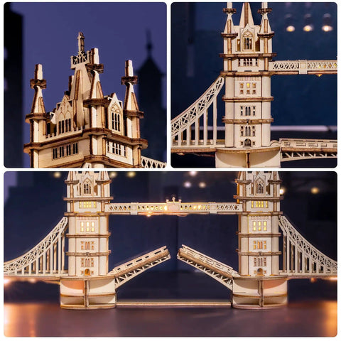 Close-up view of Tower Bridge 3D Puzzle Wood Craft Kit With LED Light DIY Construction Model with detailed wood parts.