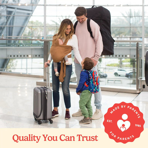 Family with Top Notch Padded Car Seat Backpack Travel Bag for air travel in airport terminal