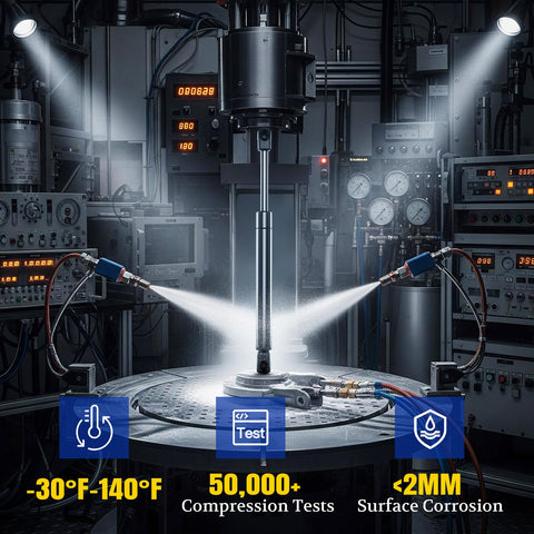 Front Hood Struts Lift Support durability testing chamber with temperature and anti-corrosion metrics displayed.