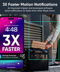 Smartphone displaying 3X faster notifications with 1080p Indoor Outdoor Security Camera With Color Night Vision Built In Spotlight Motion Detection Two Way Audio Wi Fi Alexa And Google Compatible Free Expert Setup White. Person holding a package near the door.