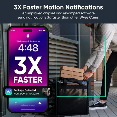 Smartphone displaying 3X faster notifications with 1080p Indoor Outdoor Security Camera With Color Night Vision Built In Spotlight Motion Detection Two Way Audio Wi Fi Alexa And Google Compatible Free Expert Setup White. Person holding a package near the door.