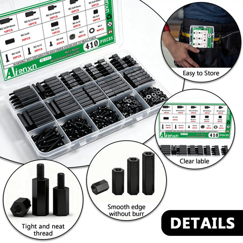 410Piece M2.5 Nylon Motherboard Standoffs Kit With Male And Female Hex Spacers, Screws And Nuts For Circuit Boards And PCBs, Durable, Corrosion Resistant, Non Toxic Hardware Set For Reliable Builds in storage case