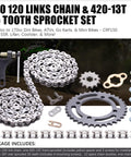 420 Chain With 120 Links And 420 13T 35 Tooth Sprocket Set for dirt bikes, ATVs, go karts; chain, sprockets, bolts visible