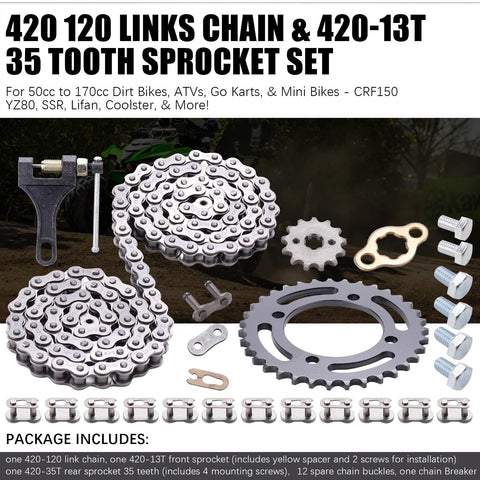 420 Chain With 120 Links And 420 13T 35 Tooth Sprocket Set for dirt bikes, ATVs, go karts; chain, sprockets, bolts visible