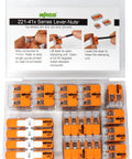 221-41x series Lever Nuts 28-Pc Compact Splicing Wire Connector Set With Case displayed with usage instructions