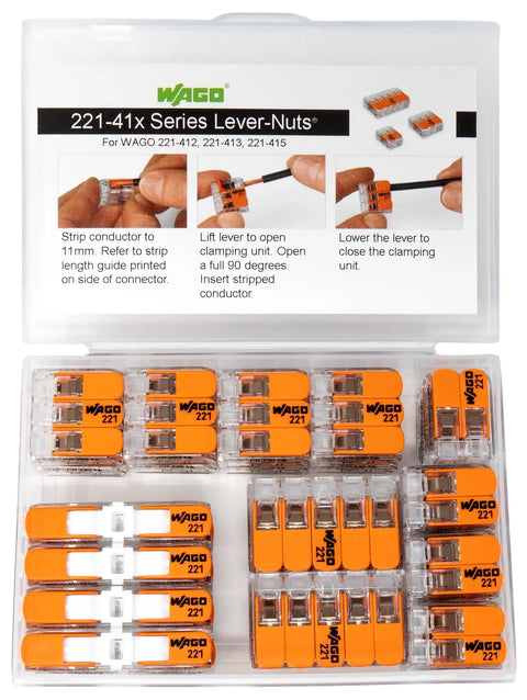 221-41x series Lever Nuts 28-Pc Compact Splicing Wire Connector Set With Case displayed with usage instructions