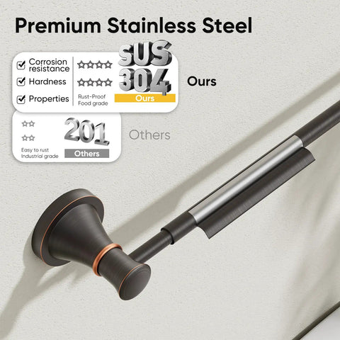 Close-up of Adjustable Bronze 16 to 26 Inch Towel Bar Rack for Bathroom Wall Mounted Towel Holder with SUS304 stainless steel finish.