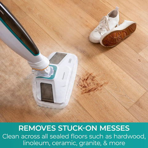 Straight Up Heavy Steam Mop For Sanitizing Sealed Hardwood Tile And Vinyl Floors With Chemical Free Deep Cleaning Power and Integrated Scrub Brush cleaning stain on wood floor.